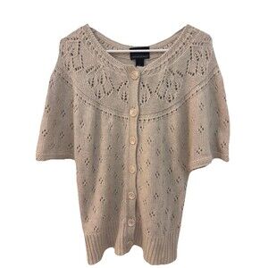 CYNTHIA ROWLEY‎ Short Sleeve Round Neck Cream Eyelet Cardigan Sweater Size L